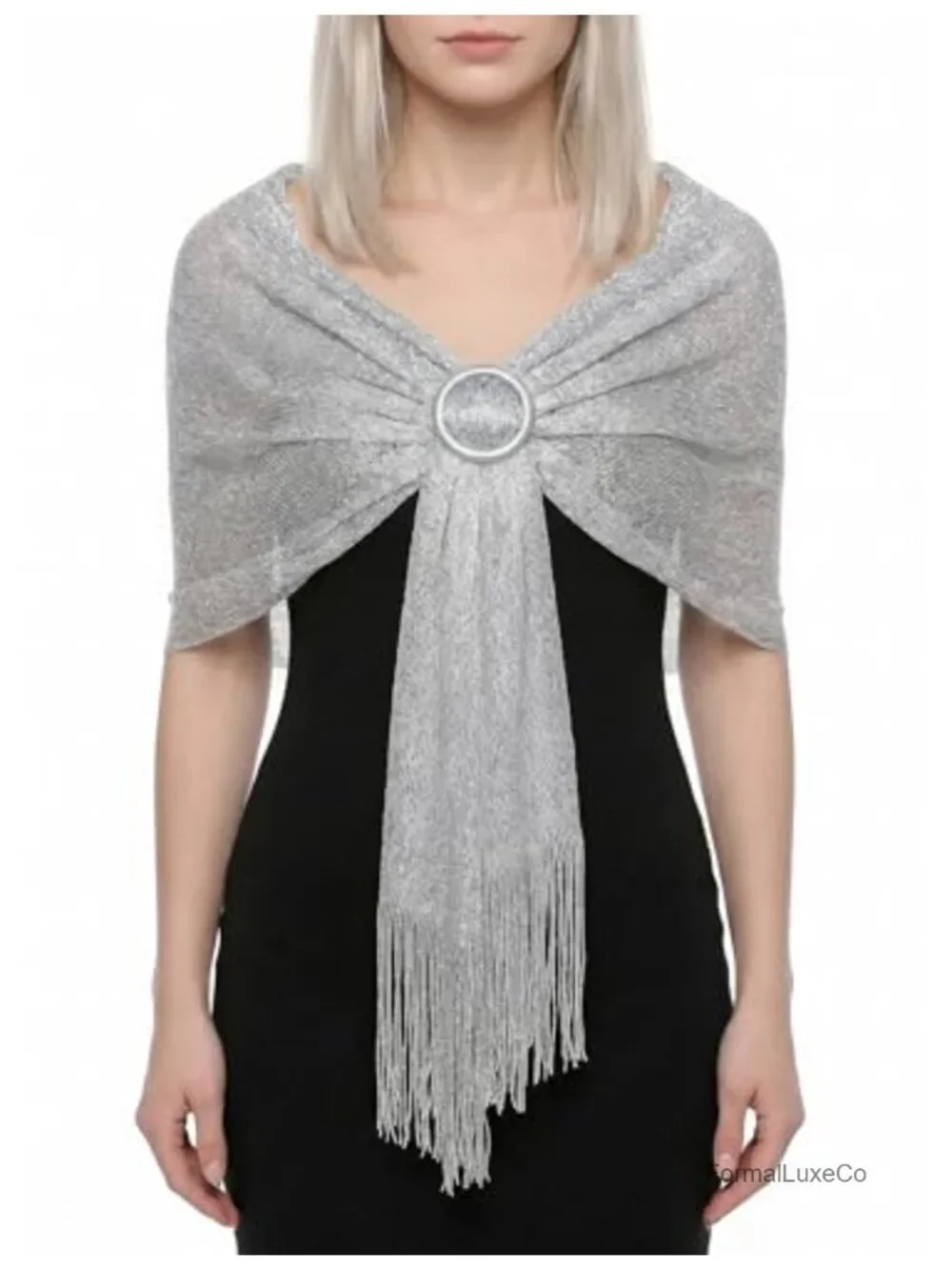 Metallic Fringe Shawl Wrap for Evening Dressy Wear